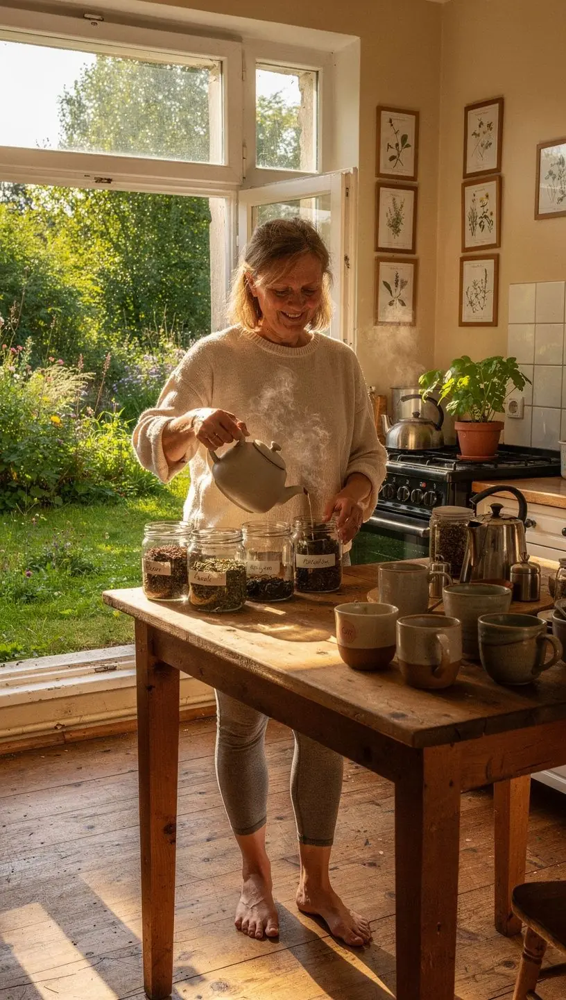 Arbatos puodelis ant medinio stalo, supantis ramybės ir sąmoningumo akimirką kasdienėje rutinoje.