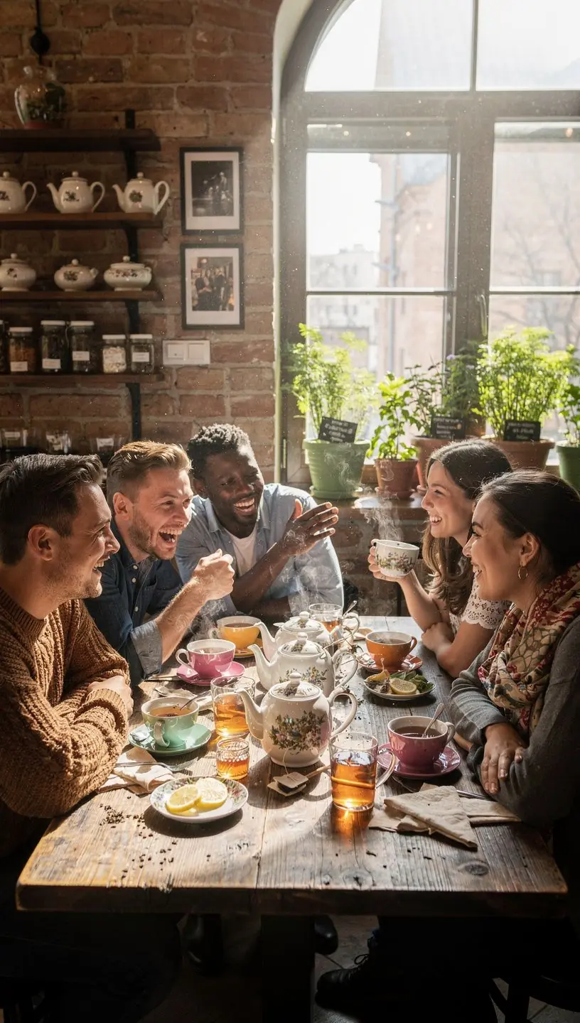 Natūralių žolelių arbatos puodelis ant medinio stalo, šalia atviro dienoraščio ir akinių.